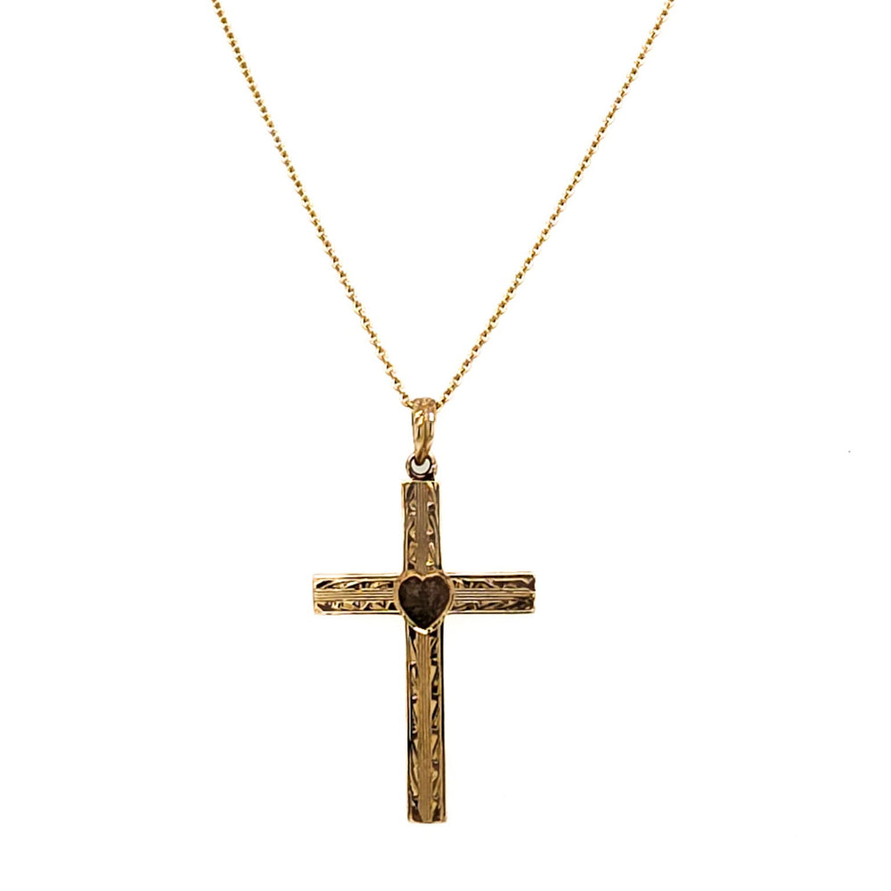 ESTATE 14K Yellow Gold Engraved Heart Cross Necklace