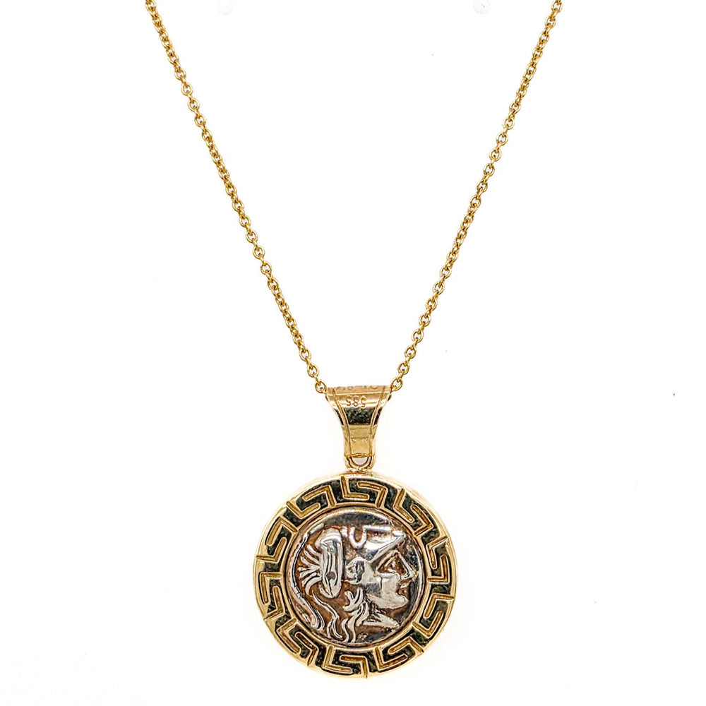 ESTATE 14K Yellow Gold Athena & Owl Scroll Necklace