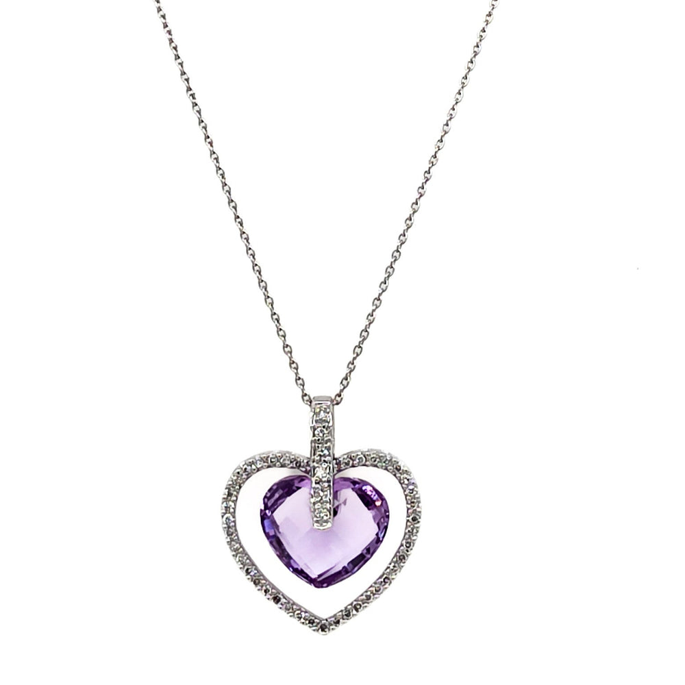 ESTATE 14K White Gold, Diamond & Amethyst Halo Heart Necklace