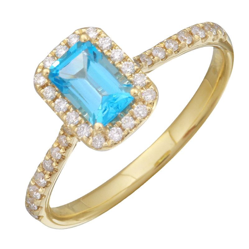 14K Yellow Gold .75CT Emerald Cut Blue Topaz and Diamond Ring