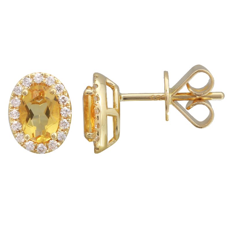 14K Yellow Gold Oval Citrine Diamond Halo Stud Earrings