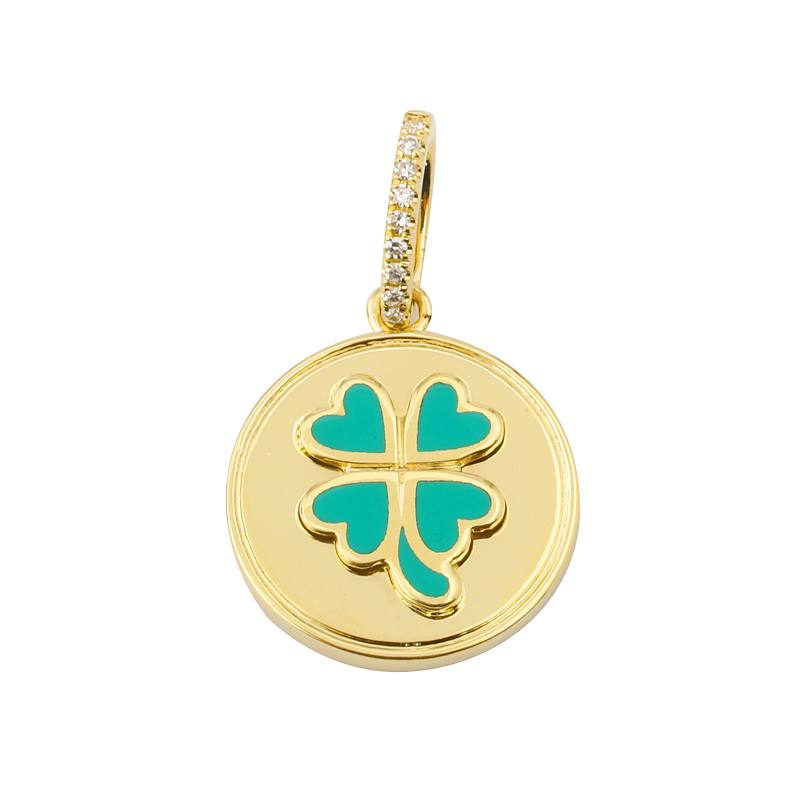 14K Yellow Gold Four Leaf Clover and Diamond Charm