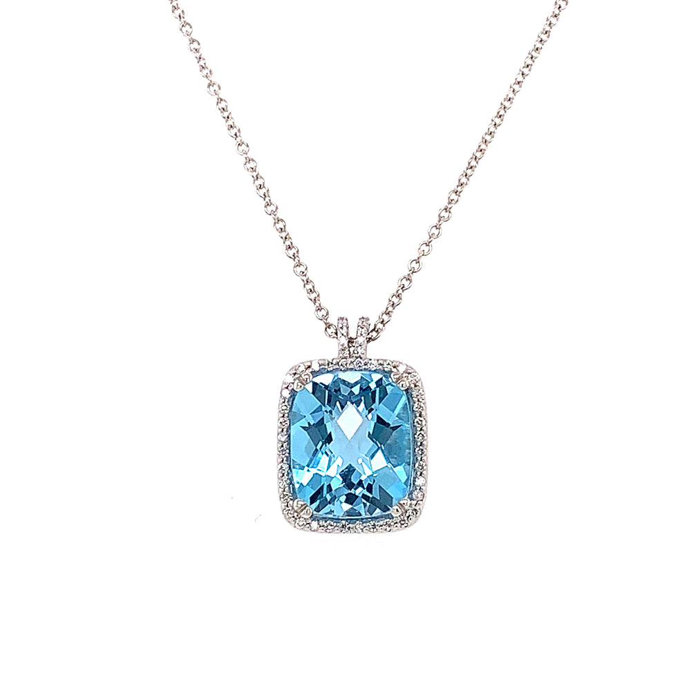 Checkerboard Blue Topaz and Diamond Halo Necklace