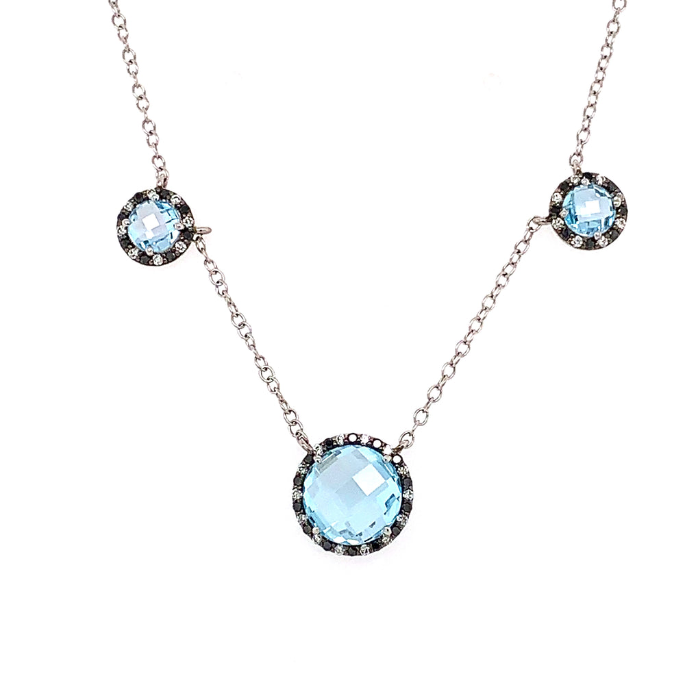 Blue Topaz and White/Black Diamond Halo Necklace