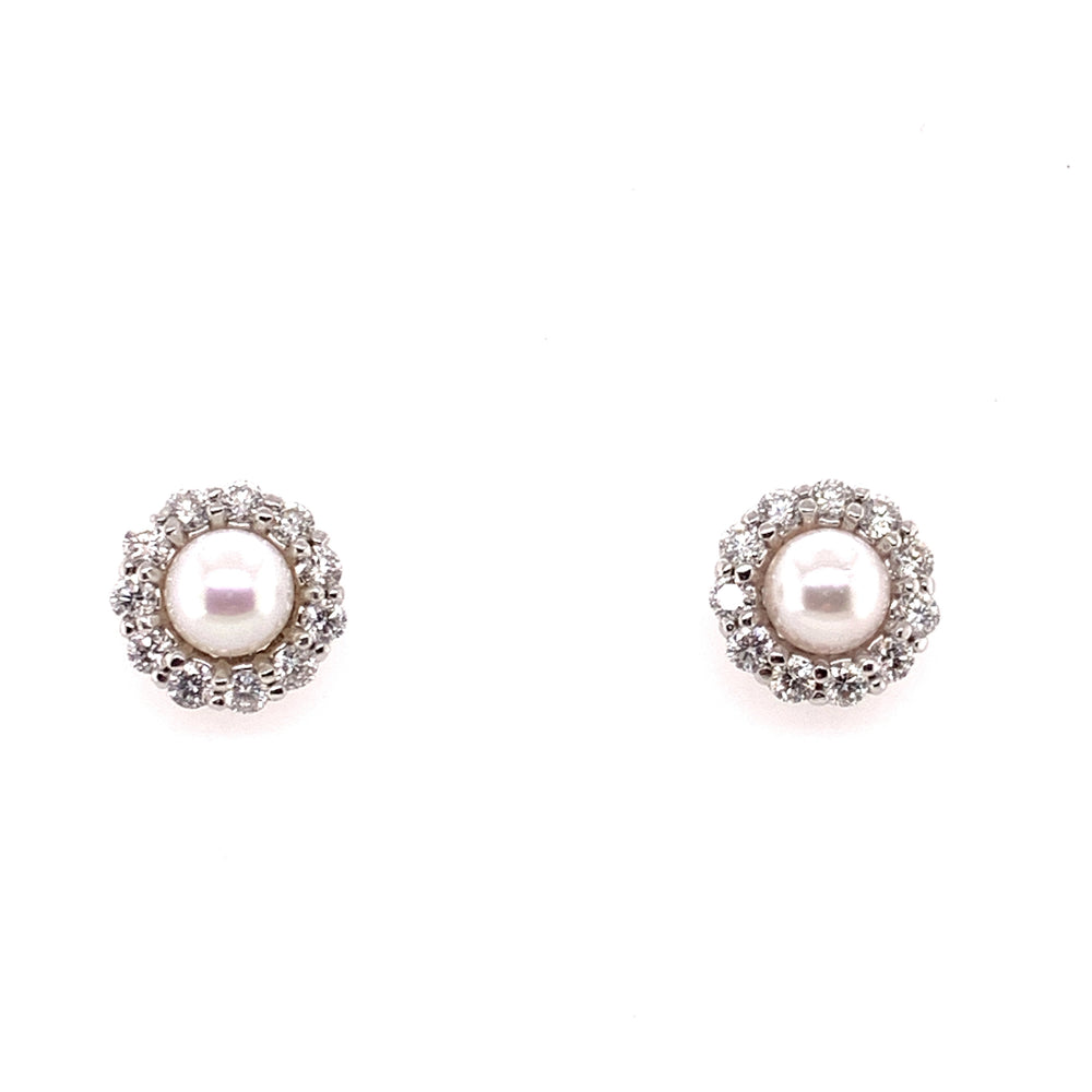 14K White Gold Pearl and Diamond Halo Earrings