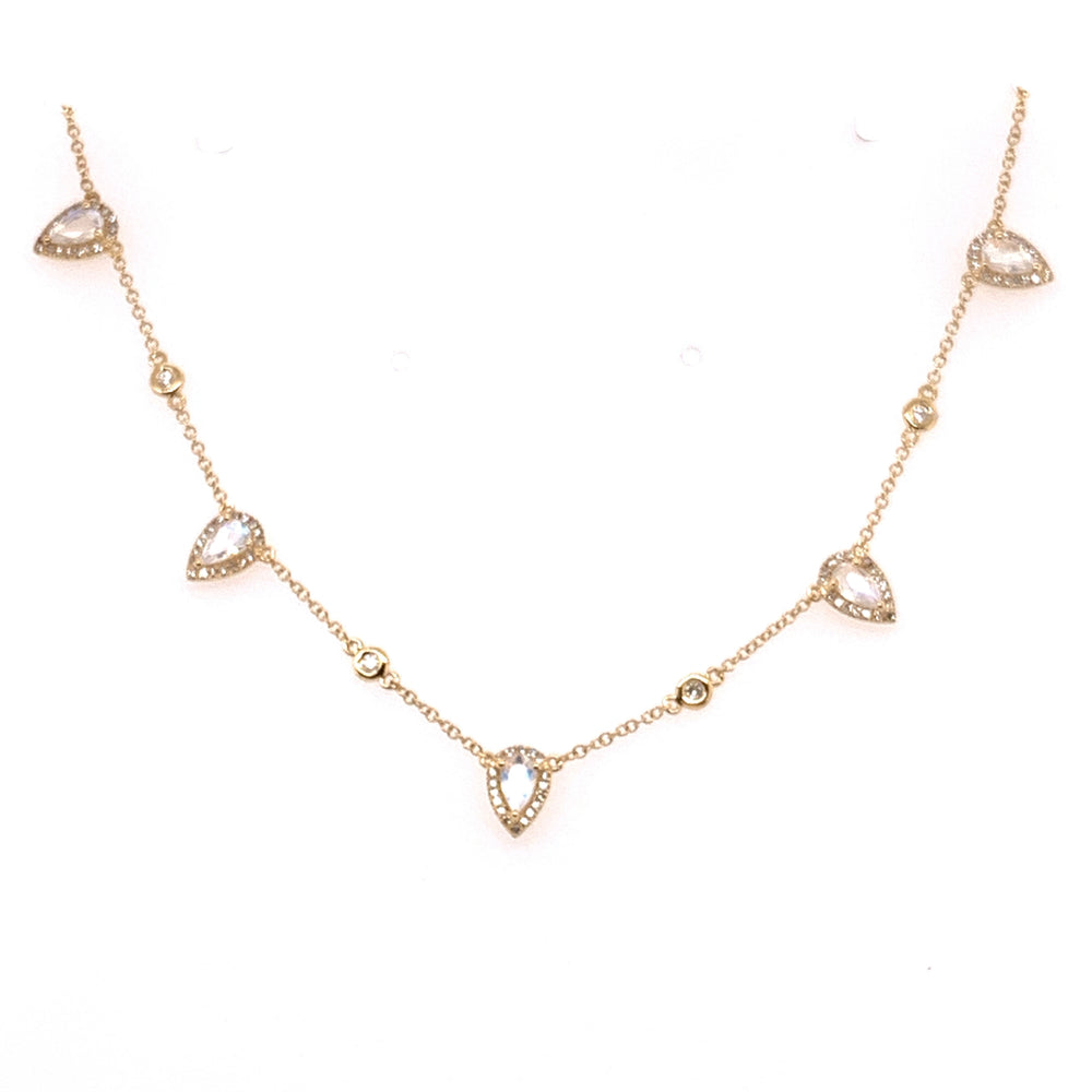 14K Yellow Gold Pear Moonstone and Diamond Station Necklace