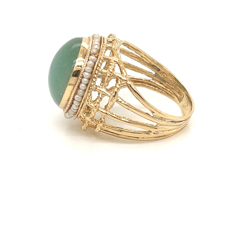 Estate 14K Yellow Gold Jade and Pearl Cocktail Ring