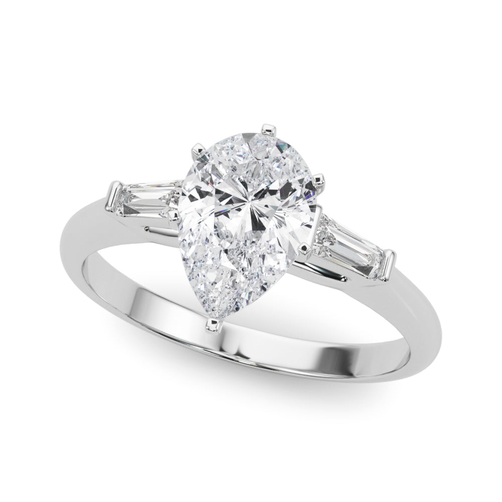 Bridget: Pear Cut Three Stone Diamond Engagement Ring with Tapered Baguettes-14k White Gold with 0.50 Carat Heart Diamond