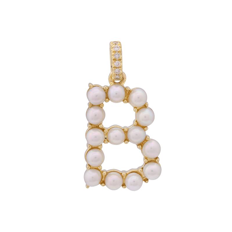 14K Yellow Gold Pearl and Diamond Initial Necklace