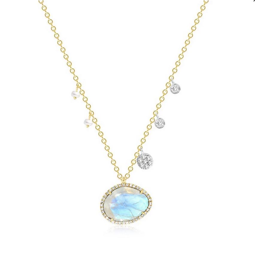 14K Yellow Gold Moonstone and Diamond Halo Necklace with Pearl and Diamond Charms