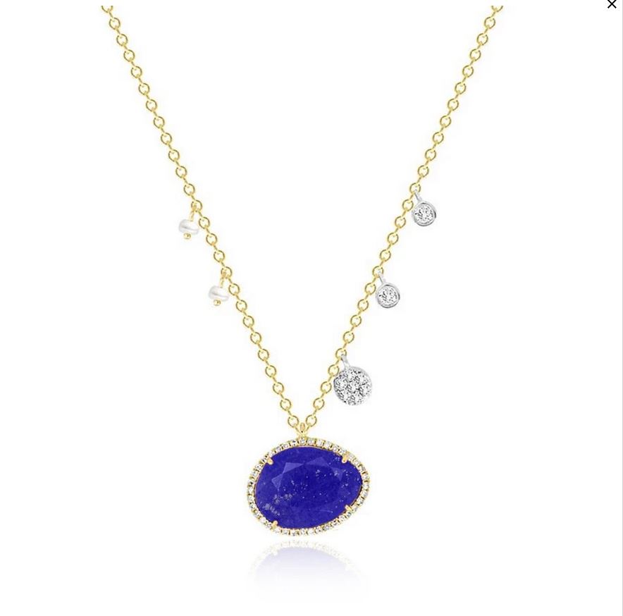 14K Yellow Gold Blue Lapis and Diamond Halo Necklace with Pearl and Diamond Charms