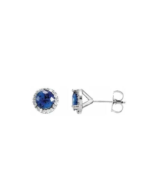14K Gold Blue Sapphire and Diamond Halo Stud Earrings