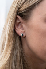14K White Gold Blue Sapphire and Diamond Baguette Starburst Earrings
