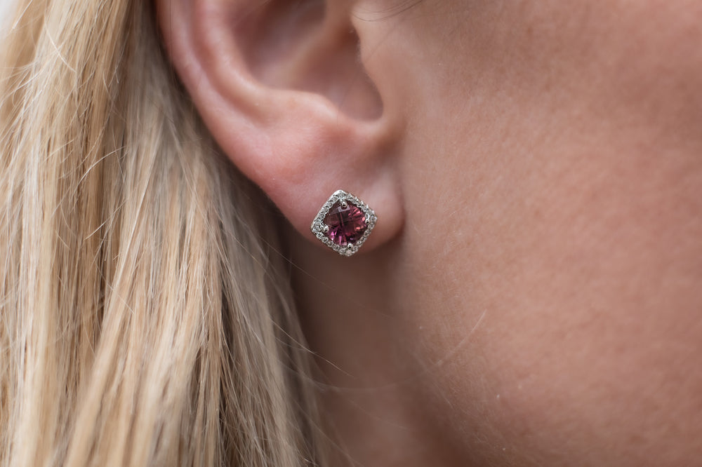 14K Whit Gold Pink Topaz and Diamond Halo Stud Earrings 