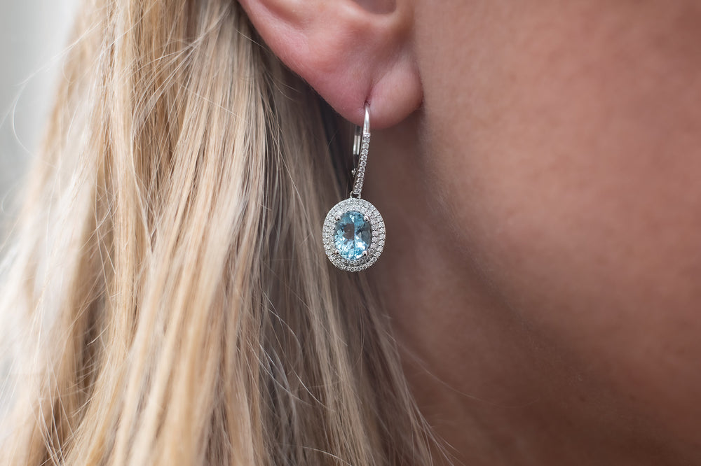 14K White Gold Oval Aquamarine Double Diamond Halo Dangle Earrings
