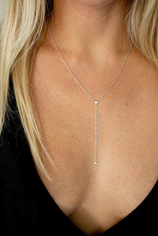 14K White Gold Bezel Diamond Lariat Necklace
