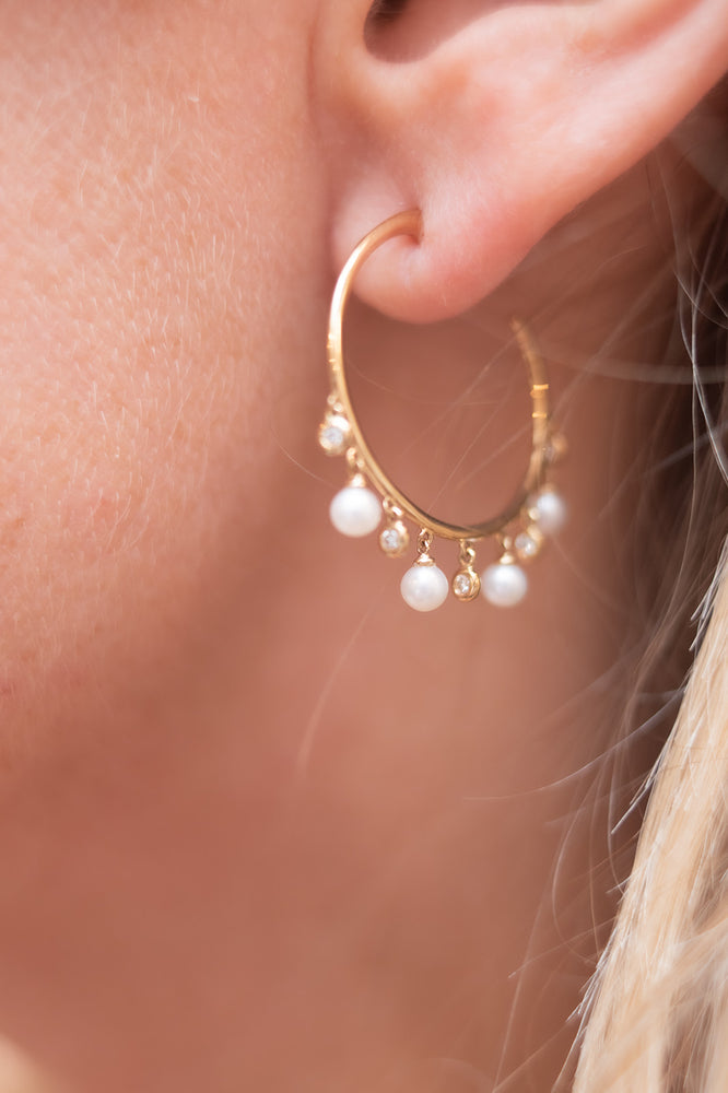 14K Yellow Gold Diamond and Pearl Hoops