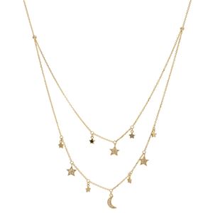 14K Yellow Gold Double Dangle Diamond Star and Crescent Necklace