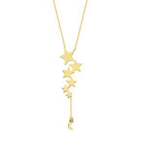 14K Gold Star and Moon Lariat Necklace