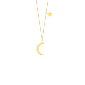 14K Yellow Gold Crescent Moon and Star Necklace