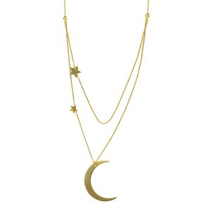 14K Yellow Gold Double Half Moon and Star Necklace