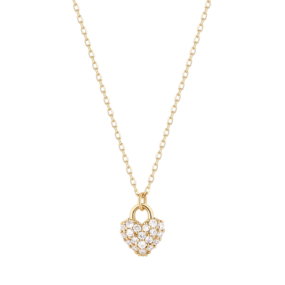 14K Yellow Gold Diamond Puff Heart Necklace